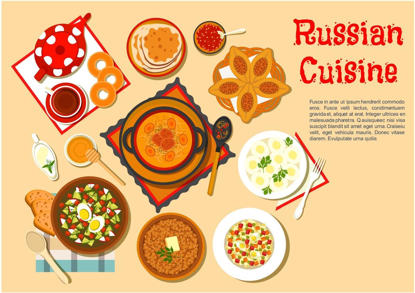 Popular main dishes and dessert of russian cuisine vector