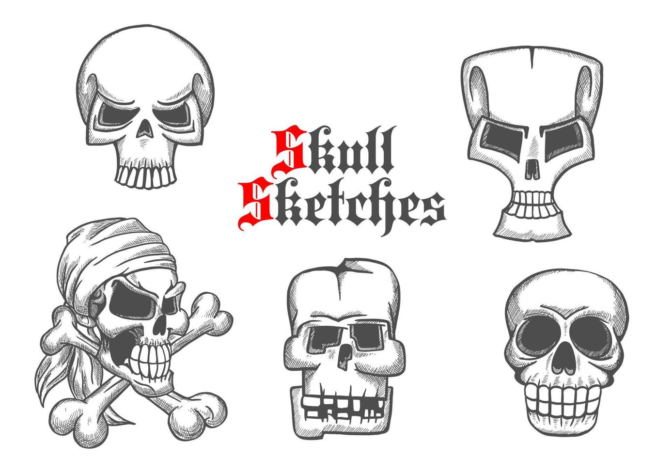 Skeleton skulls sketch icons set vector