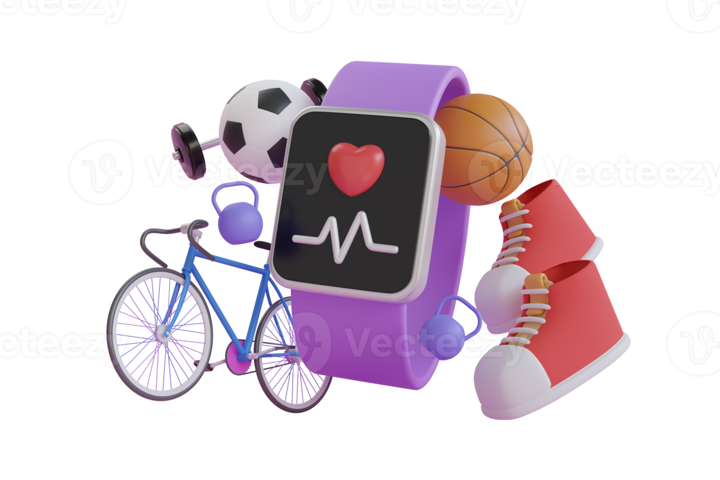 3D-Fahrradtraining von einer Smartwatch. Fahrprogramm. Lila Smartwatch mit blauem Fahrrad auf der Rückseite. Fahrrad-Fitness-Apps. 3D-Rendering png