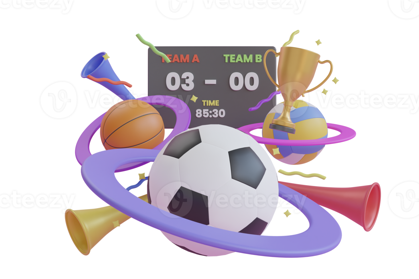 3D illustration of soccer. football, basketball, volleyball mechanical scoreboard isolated on purple background. sports match. live score. 3d rendering png