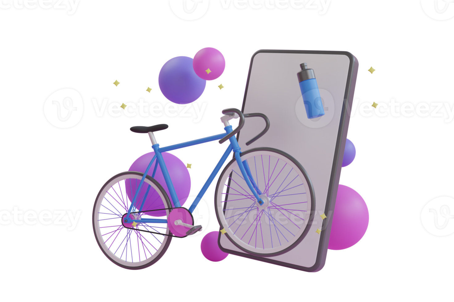 conceito de aplicativo de ciclismo 3D. esporte ao vivo online a partir de um smartphone. bicicleta azul entre bolas coloridas em um fundo rosa. bicicleta cercada por smartphone, bola e garrafa. renderização em 3D png