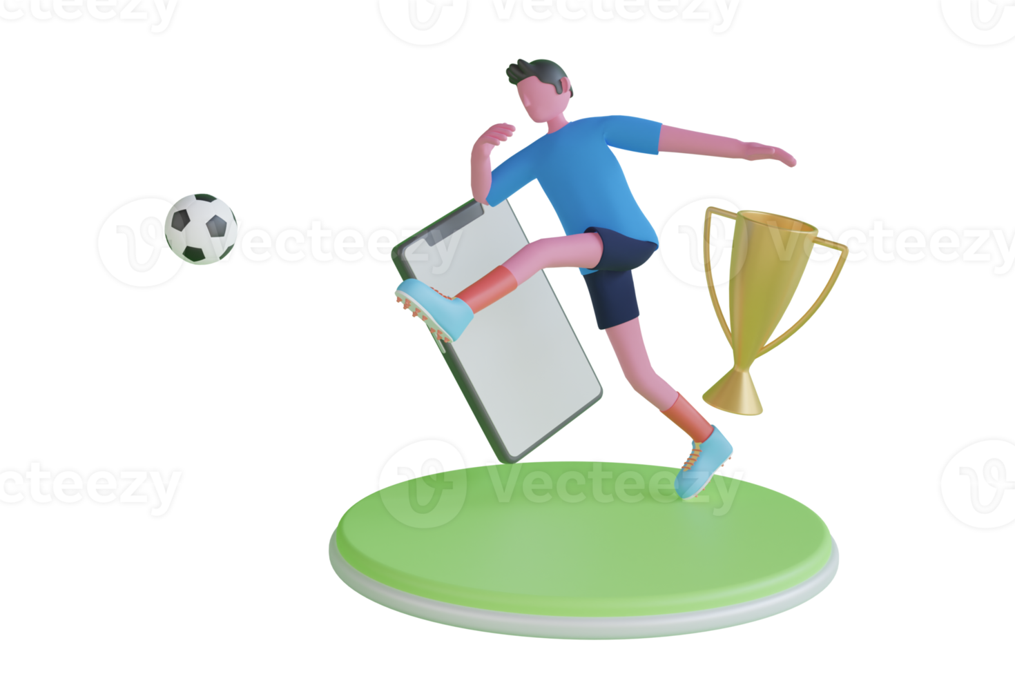 3D Soccer player kicks the ball on the soccer field.Soccer player kicks the ball on the soccer field.Professional soccer player in action. 3D Rendering png