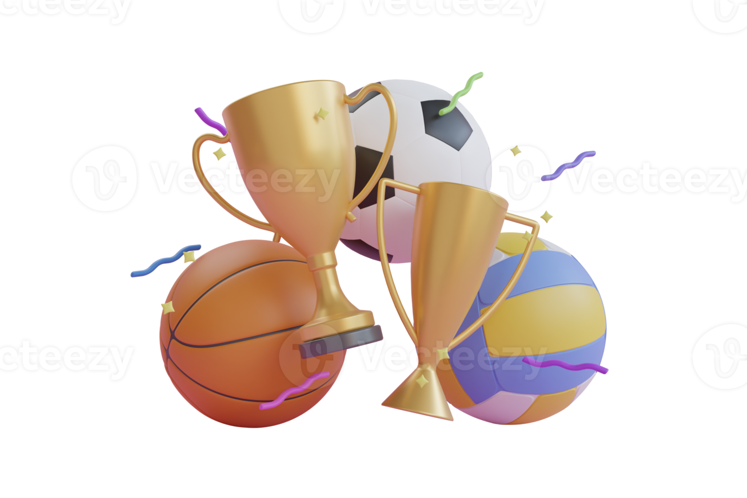 3d campeão diferentes tipos de bolas esportivas usadas nos esportes de basquete, futebol, vôlei. design de conceito de bola esportiva. banner troféu esportes ball.3d renderização png