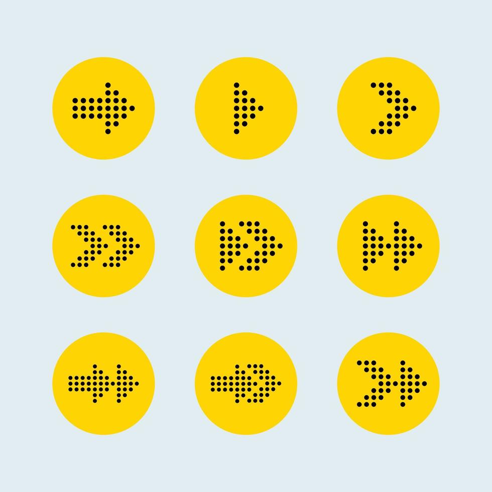 Arrow signs collection in a yellow circle. Direction symbol set. vector