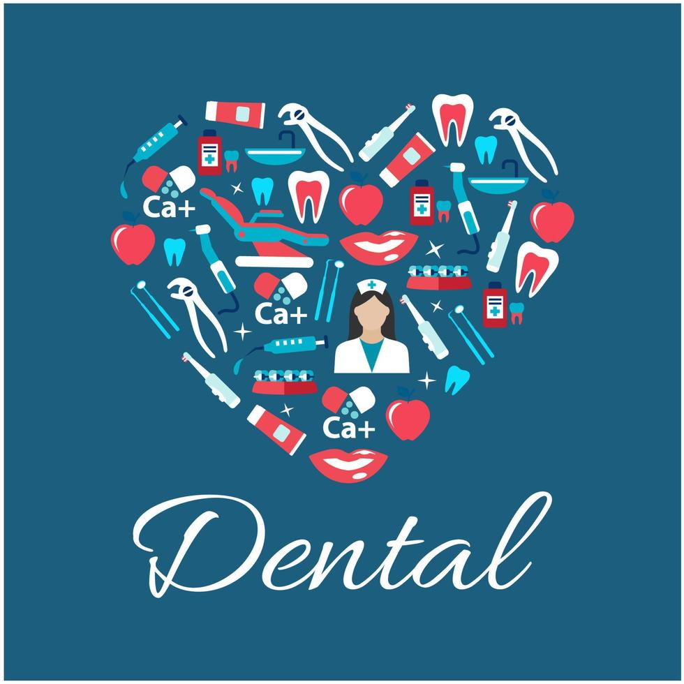 Dental treatments flat icons in a shape of heart vector