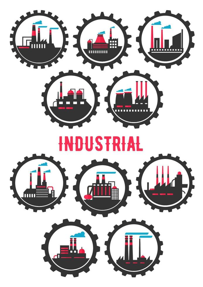 Industrial plants flat symbols framed by cogwheels vector