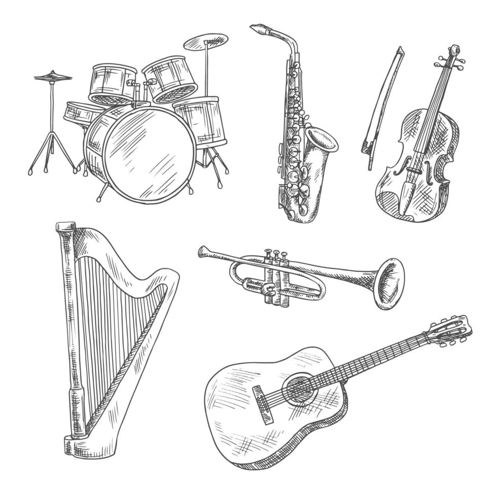 bocetos de instrumentos musicales para el diseño artístico vector