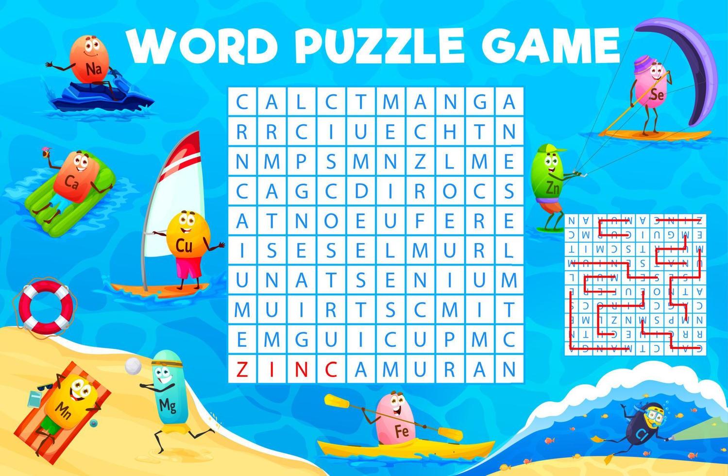 Word search puzzle game, cartoon vitamins on beach vector