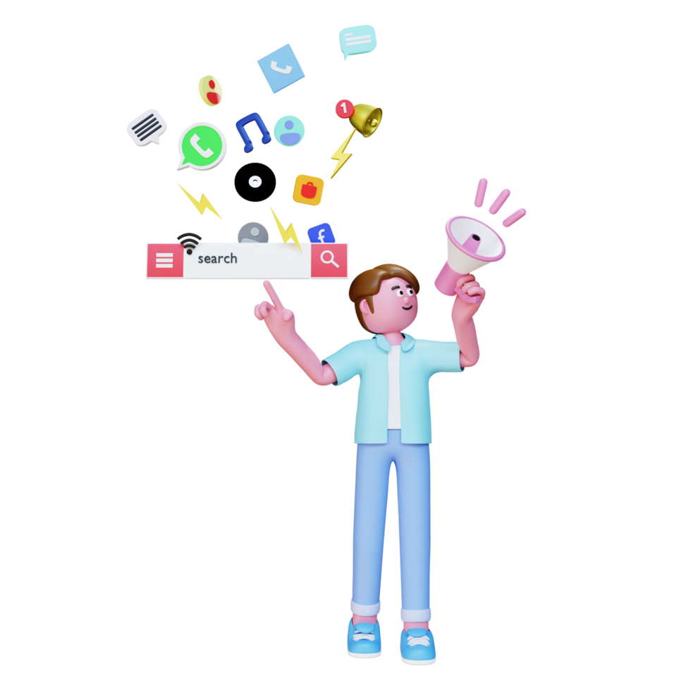 3d character person doing social media digital marketing png