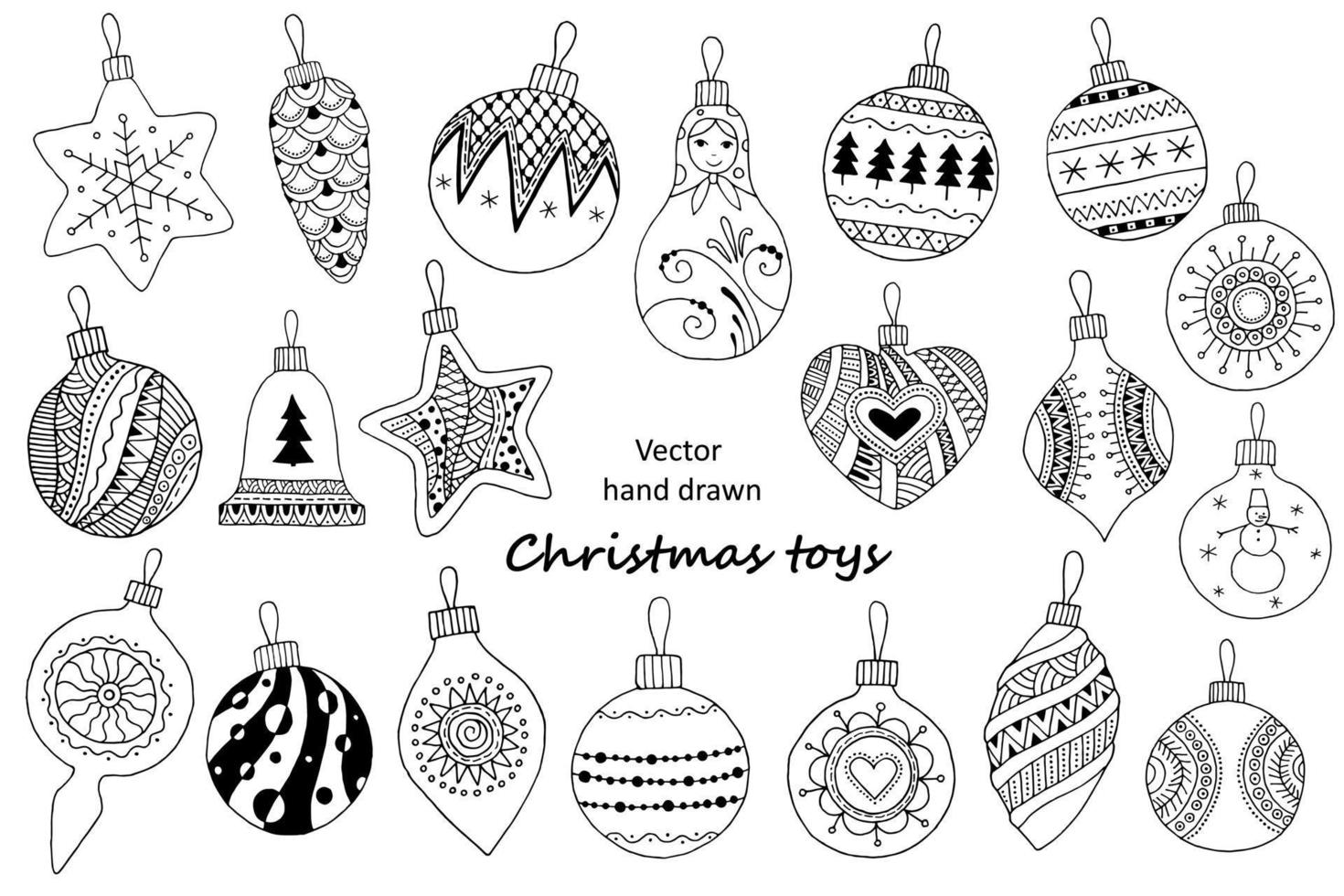 Set of vector illustration sketch. Christmas toys balls, bell, matryoshka, cone, star