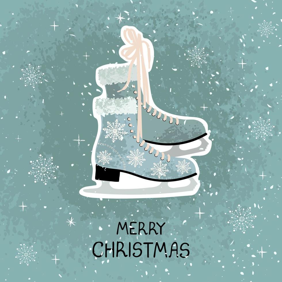 Vector modern greeting card with colorful hand draw illustration of skates for figure skating. Merry Christmas. Use it for design poster, card, banner, t-shirt print, invitation, greeting card