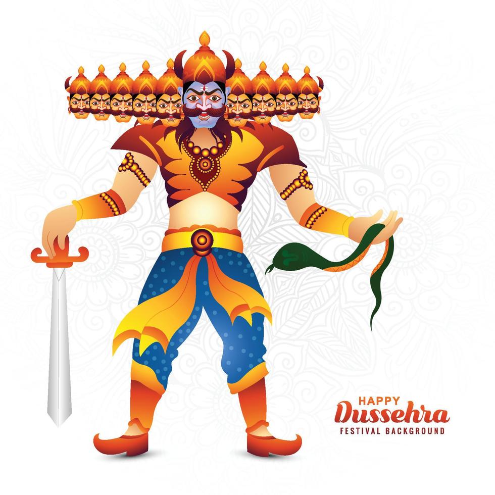 Happy dussehra celebration angry ravan with ten heads and bow card design vector