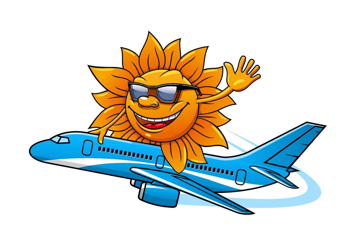 sol de dibujos animados en gafas de sol volando en avión vector
