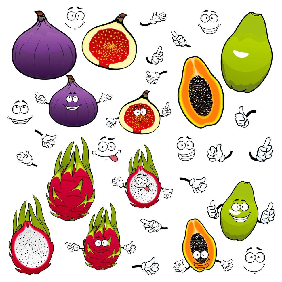 Papaya, dragonfruit, fig fruits cartoon characters vector