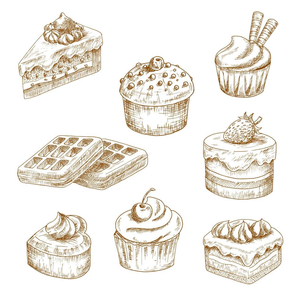Delicious bakery and pastries sketches vector