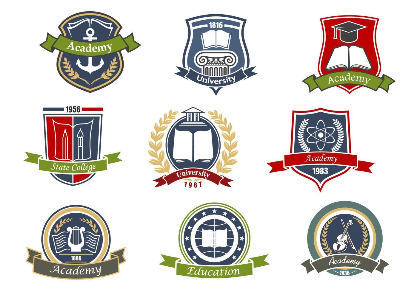 Academy, university and college heraldic emblems vector