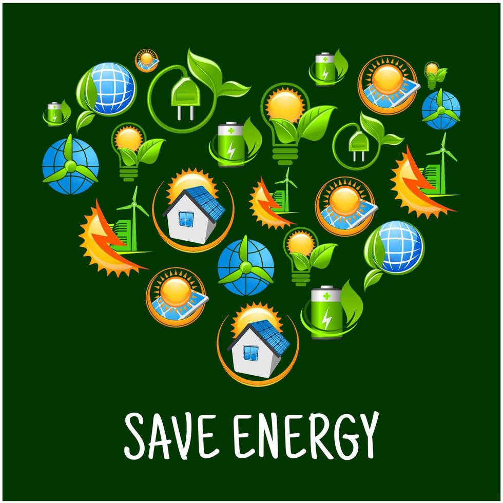 Eco heart with icons of save energy, green power vector