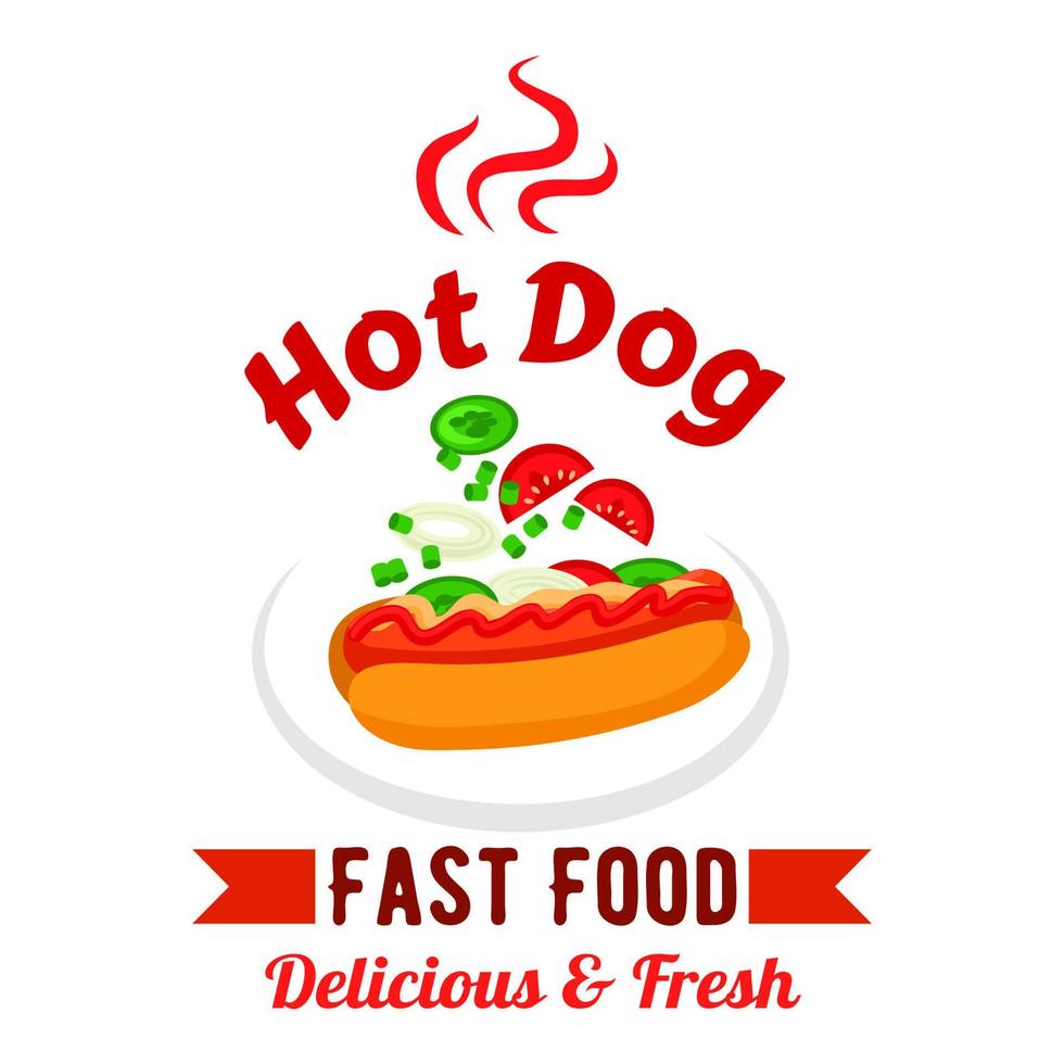 Fast food hot dog with fresh vegetables badge vector