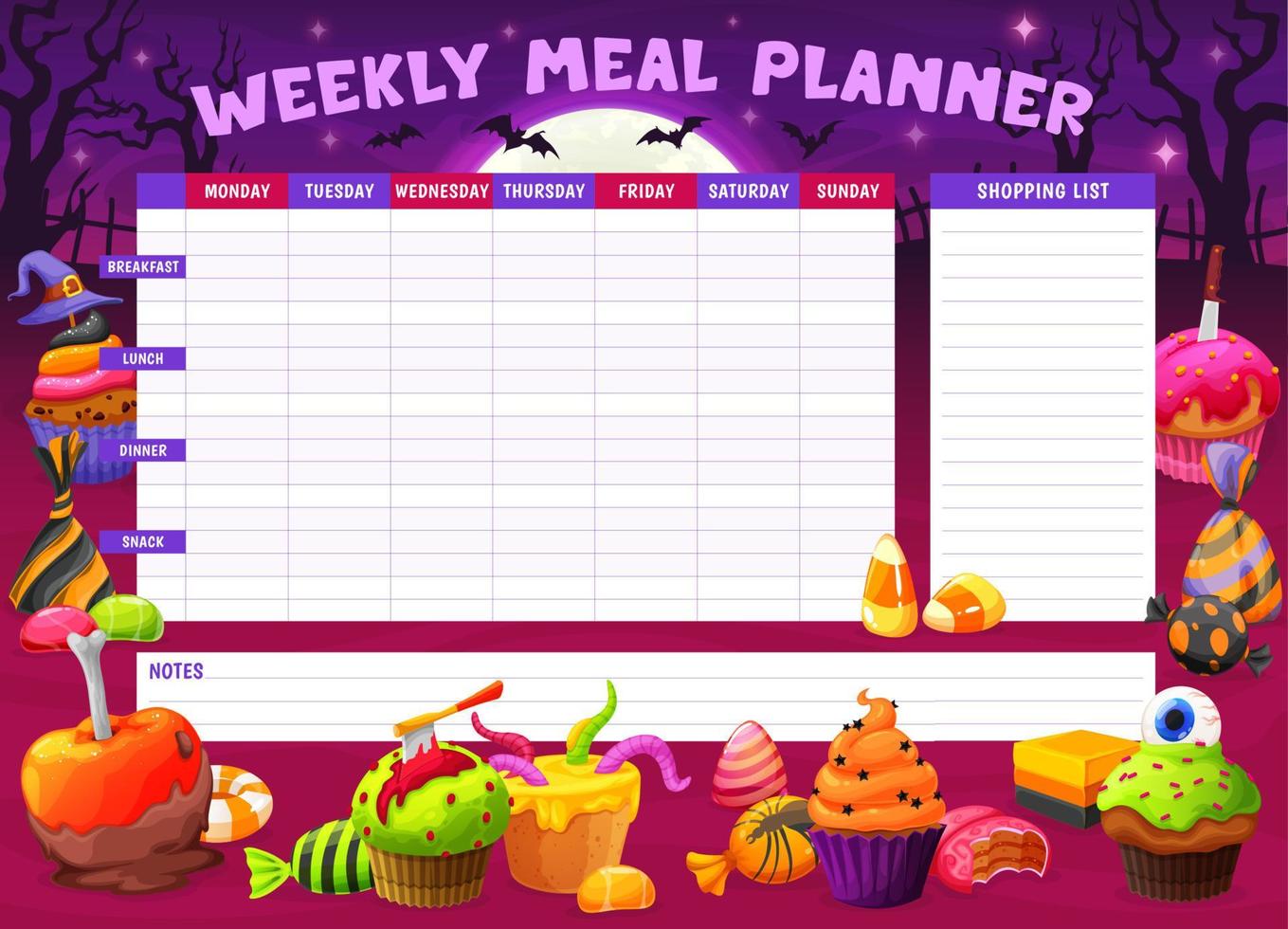 Weekly meal planner with cartoon Halloween sweets vector