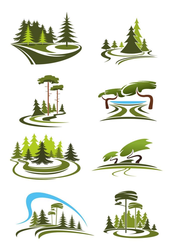 iconos de paisaje de parque, jardín y bosque vector