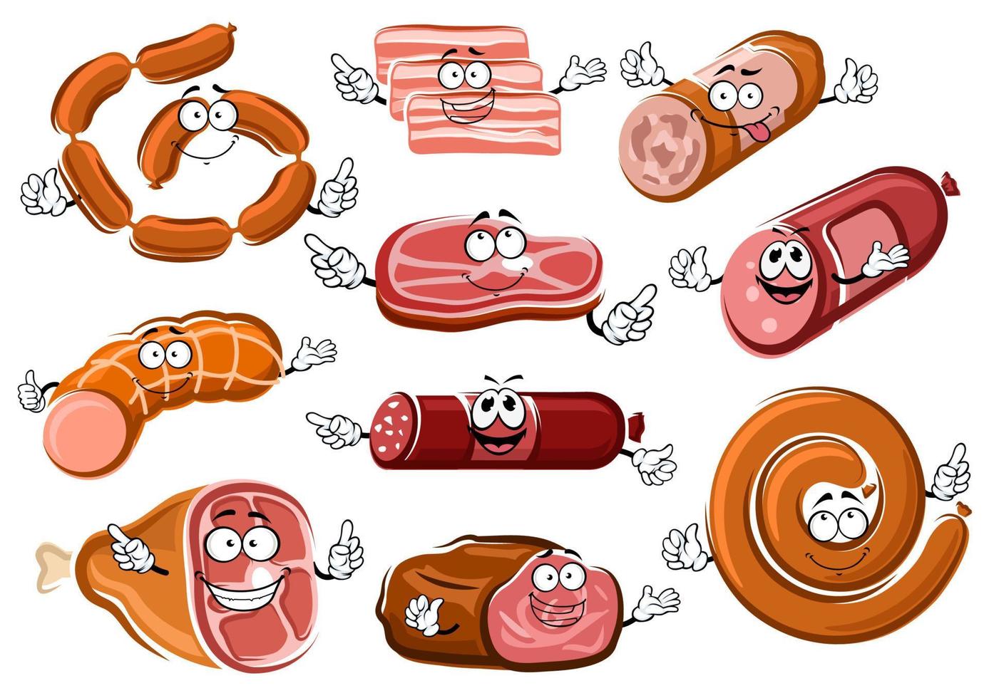 Cartoon sausages, bacon, steak and roast beef vector