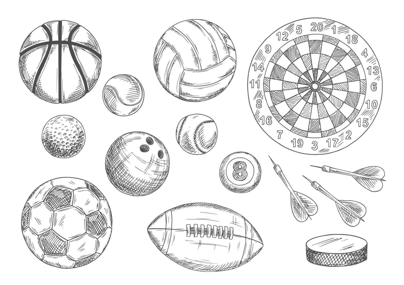 Sketched balls, hockey puck and darts items vector