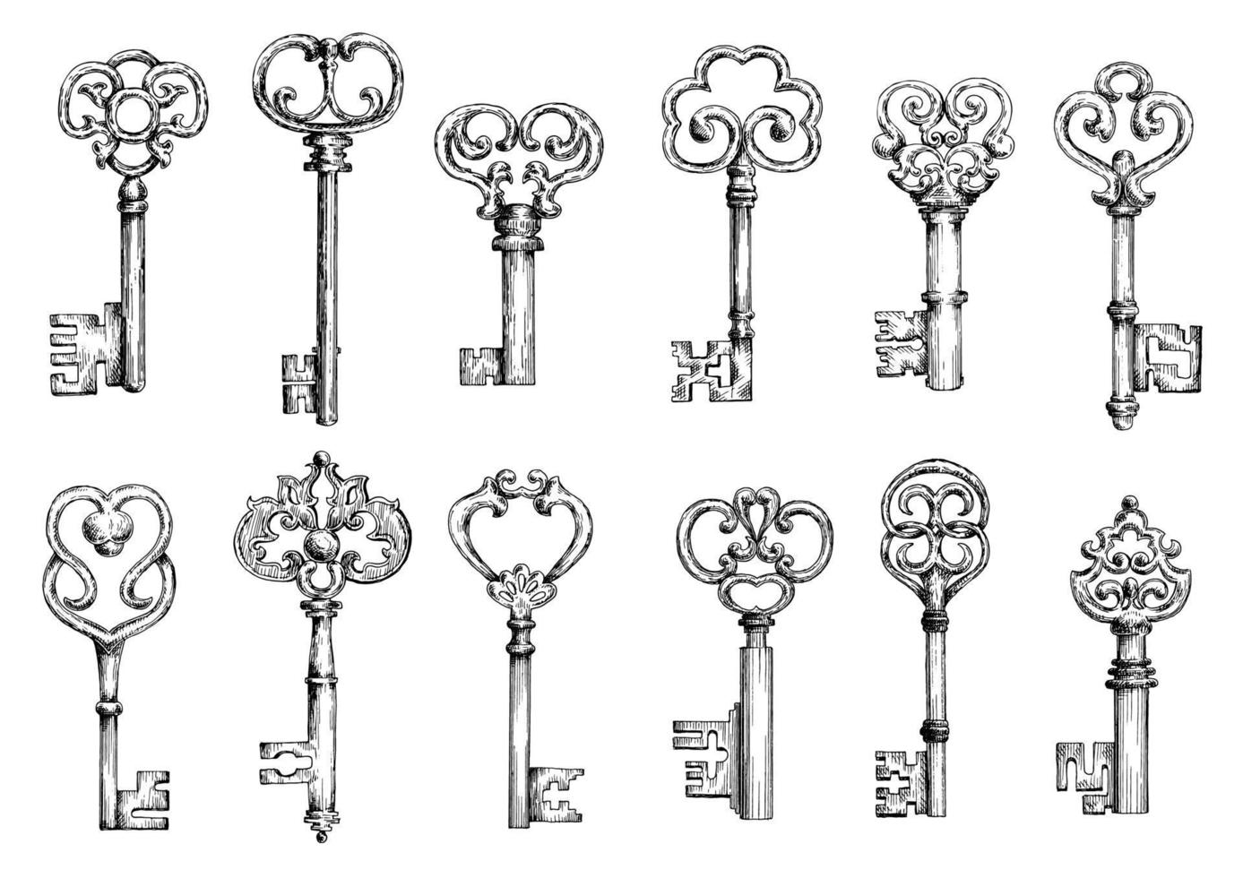 Vintage keys sketches in engraving style vector