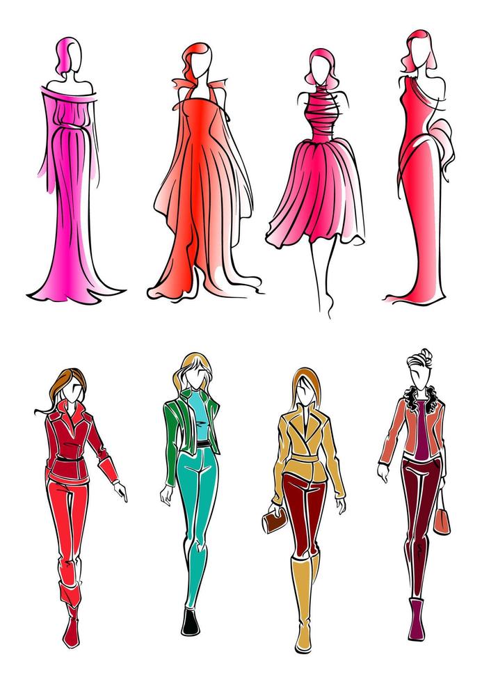 Fashionable girls colorful sketch silhouettes vector