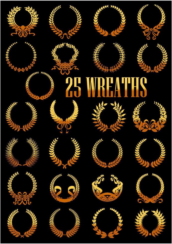 Golden laurel wreaths with ribbons heraldic icons vector