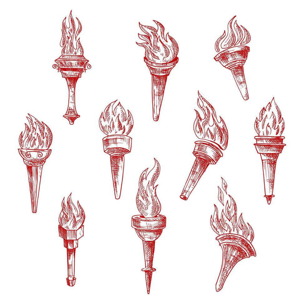 Ancient flaming torches red sketches vector