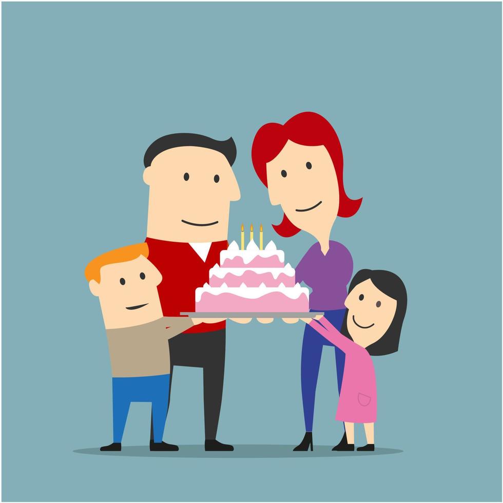 Happy family celebrating with big cake vector