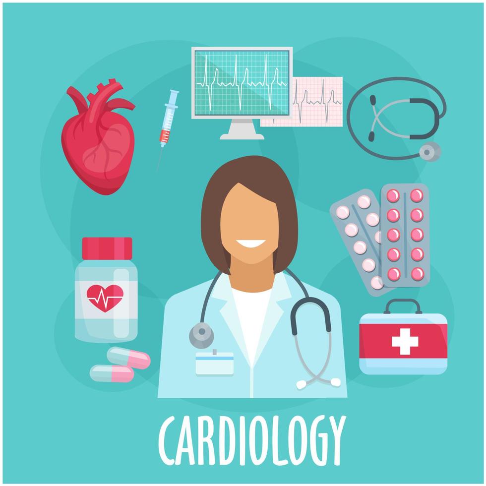 icono plano de cardiología con médico y medicamentos vector