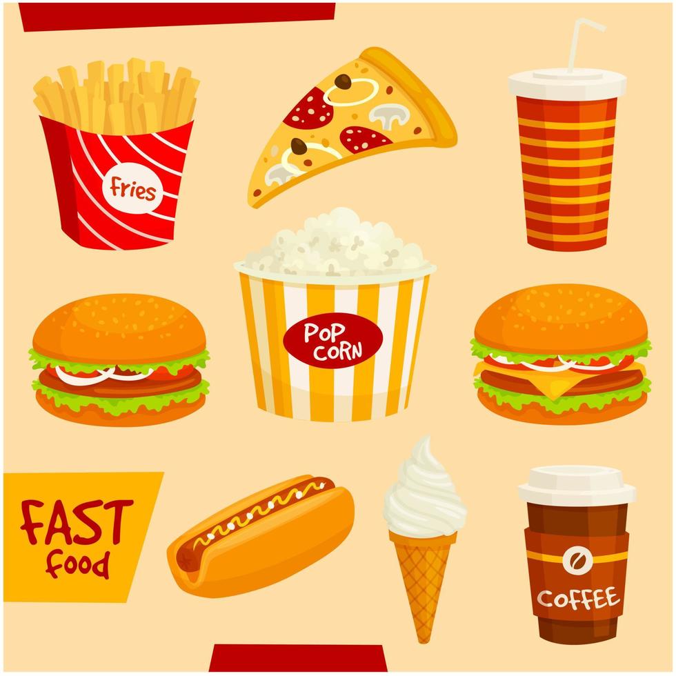 conjunto de iconos de comida rápida. elementos de aperitivos y bebidas vector
