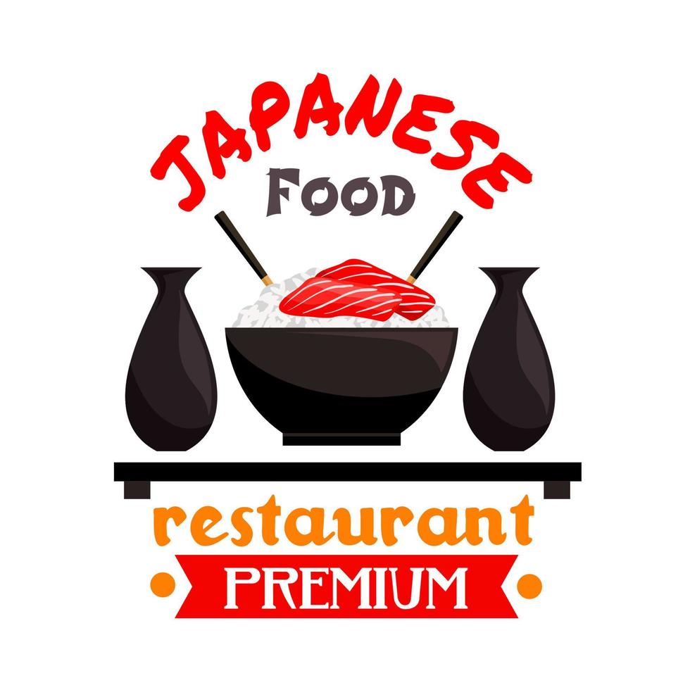 Japanese restaurant badge with rice, sashimi, sake vector