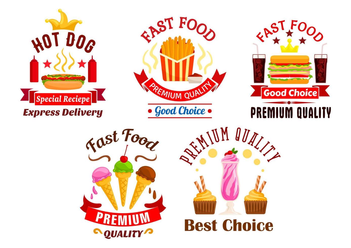 Fast Food icons. Snacks, drinks, desserts labels vector
