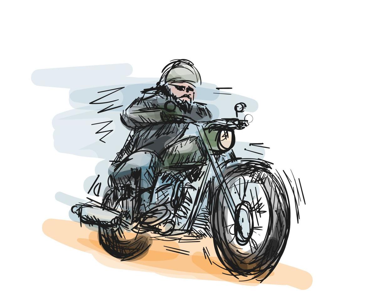 Biker motorcycle with powerful motor on speed road. Fast moto vector illustration. Hand drawn paint art for print template.