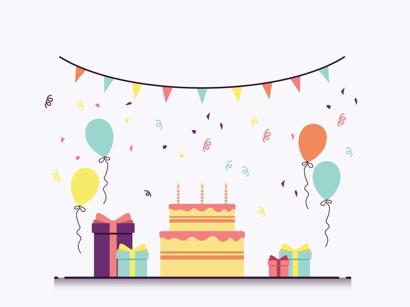 pastel de cumpleaños con caja de regalo y globos en una ilustración de vector de diseño plano de fondo blanco. diseño para la web.