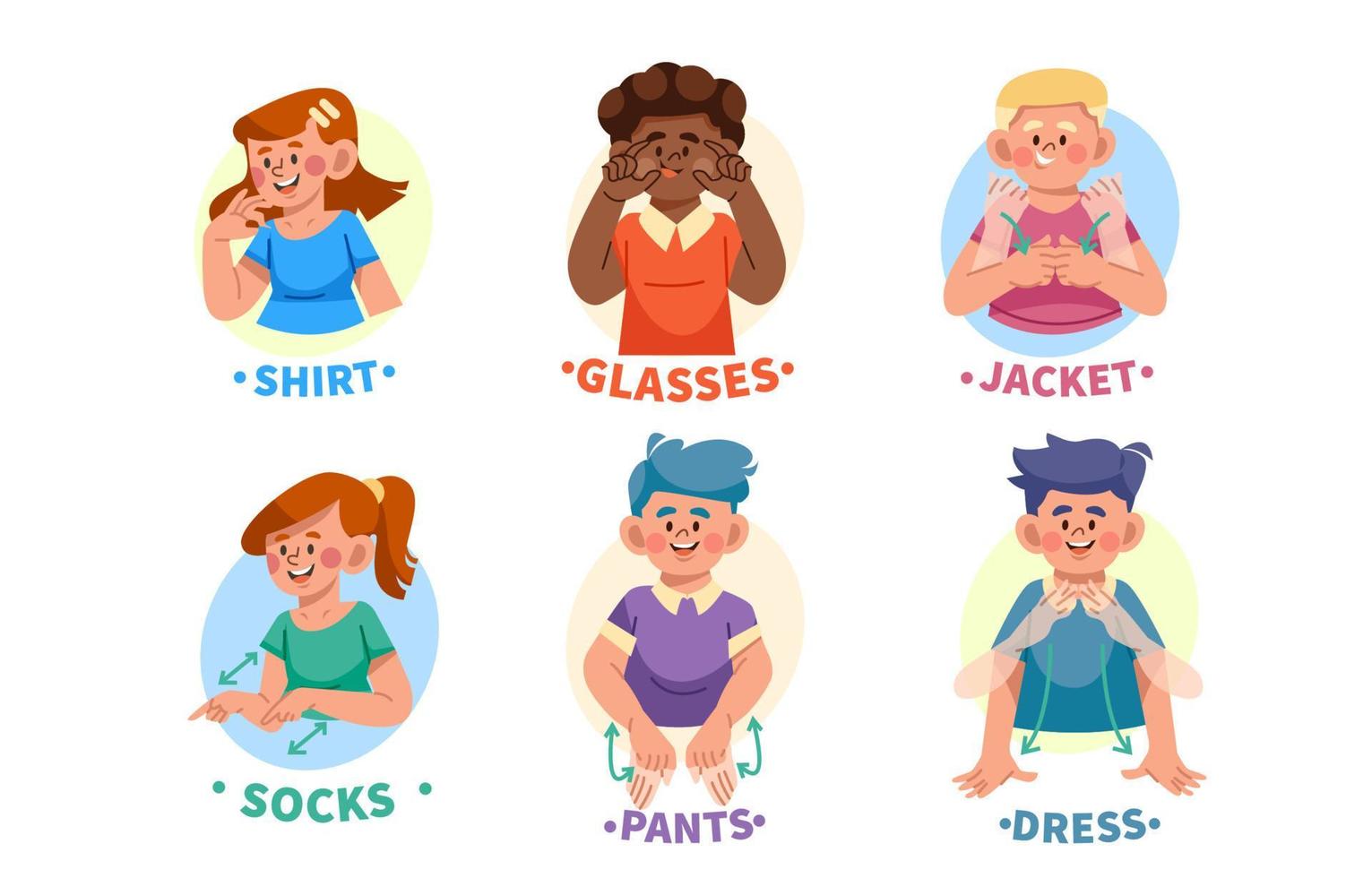 Collection of Characters Demonstrating ASL About Clothes vector