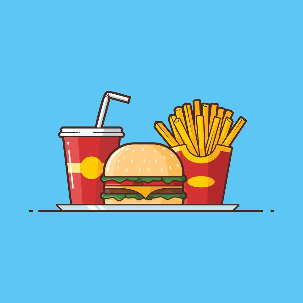 ilustración de hamburguesas y papas fritas con una taza de refresco - ilustración de dibujos animados vectoriales - comida rápida, comida chatarra, vector