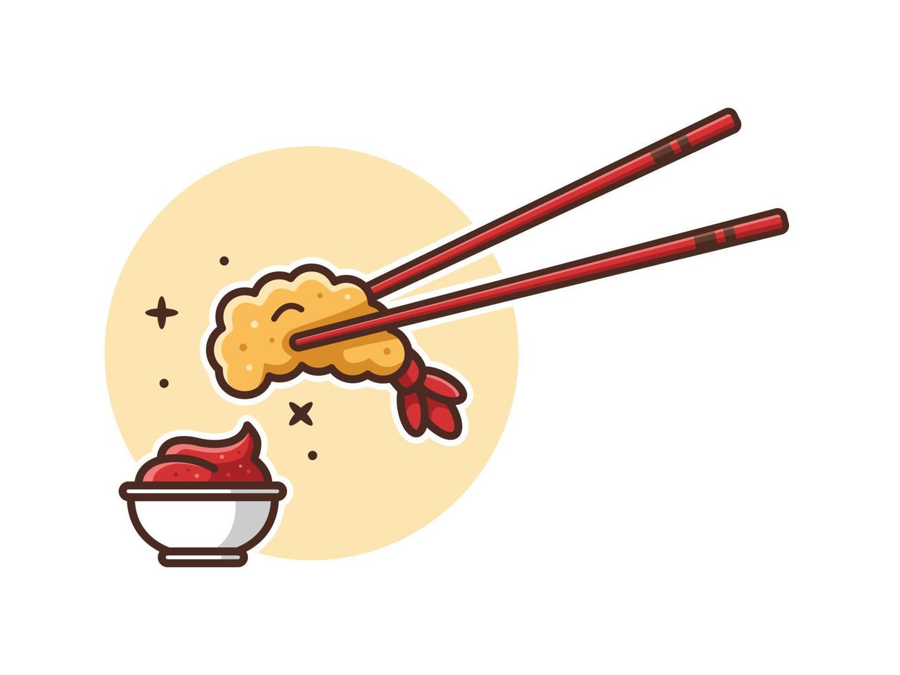Fried Shrimp with hot sauce on a White Plate Illustration Cartoon Vector Isolated. Sea Food Illustration. Tempura cartoon illustration