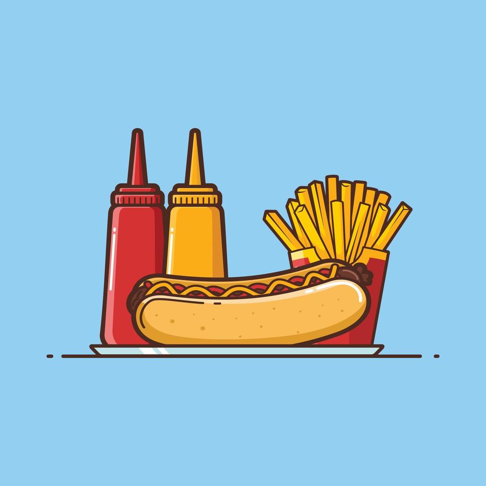 ilustración de comida rápida, hot dog y papas fritas con salsa, ilustración vectorial de dibujos animados vector