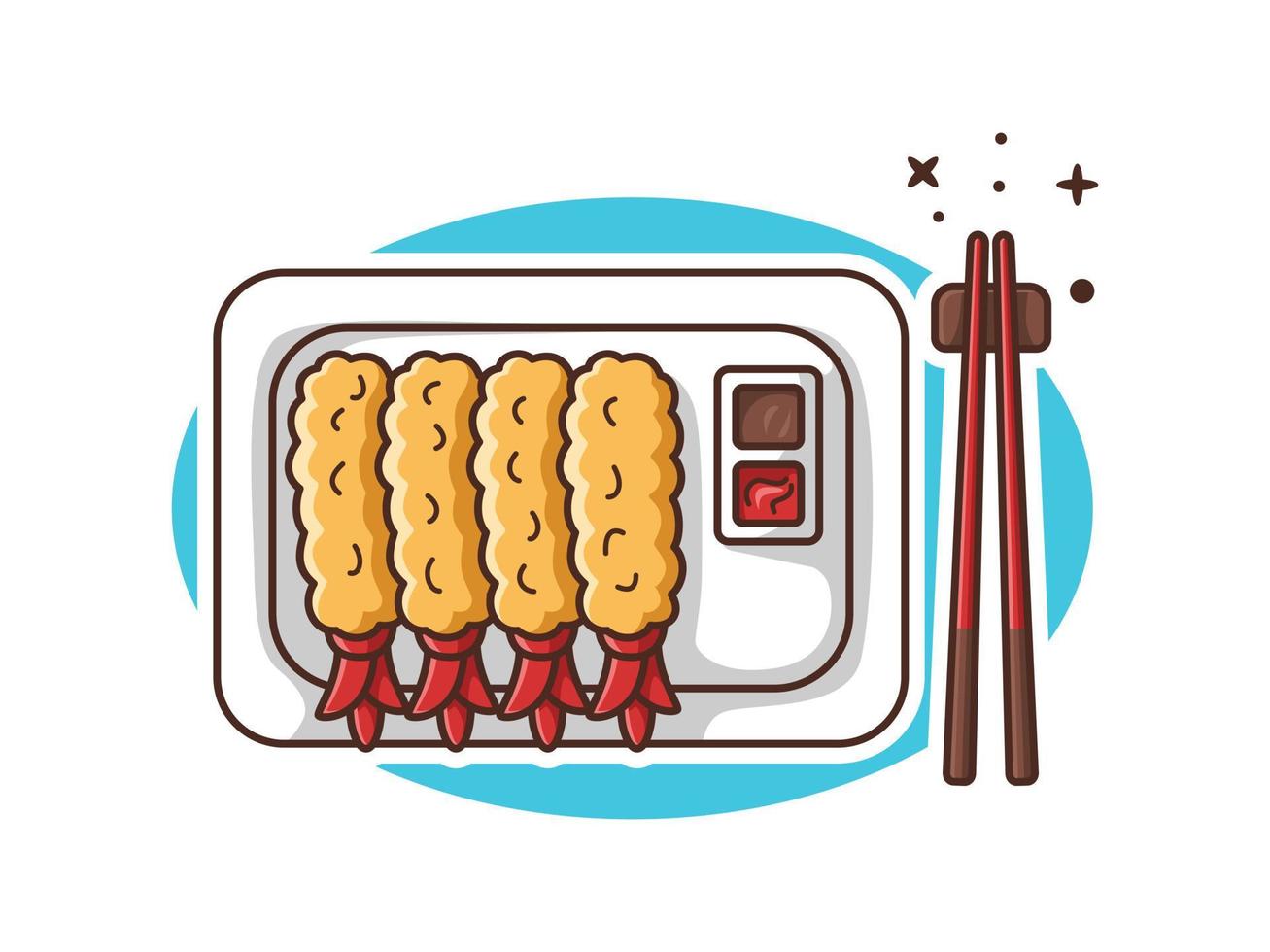 camarones fritos con salsa de soja y tomate en un vector de dibujos animados de ilustración de plato aislado. ilustración de comida de mar. ilustración de dibujos animados de tempura