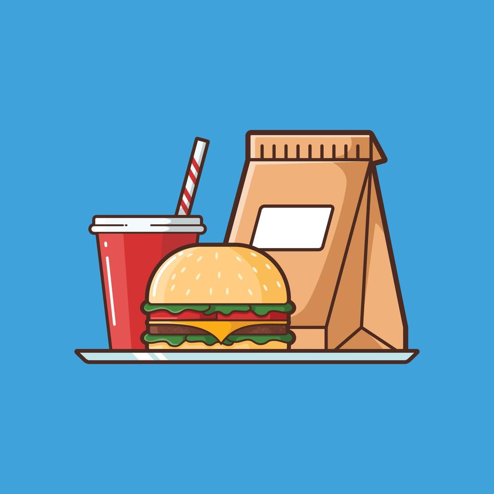 ilustración de hamburguesas y papas fritas con una taza de refresco - ilustración de dibujos animados vectoriales - comida rápida, comida chatarra, vector