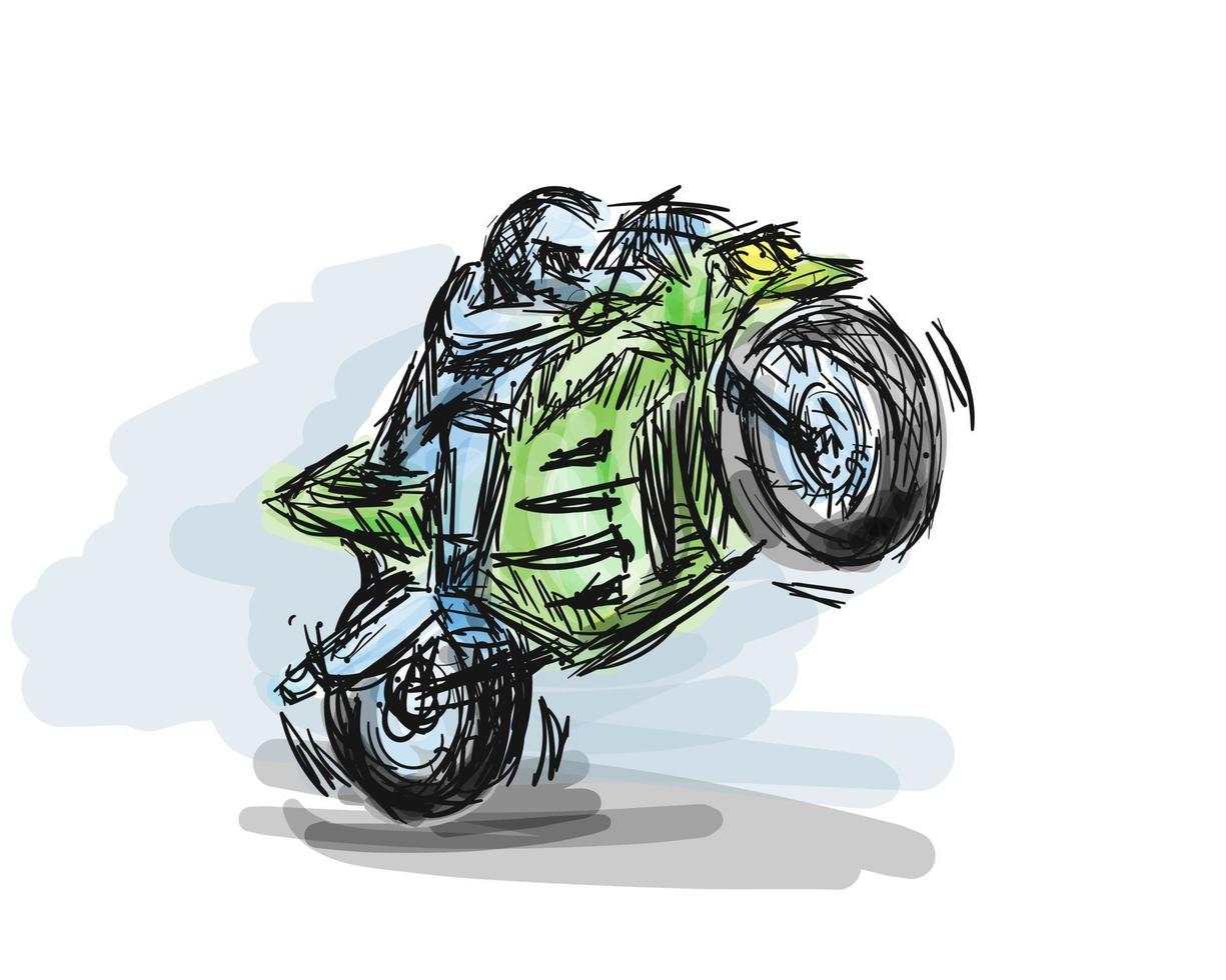 Biker motorcycle with powerful motor on speed road. Fast moto vector illustration. Hand drawn paint art for print template.