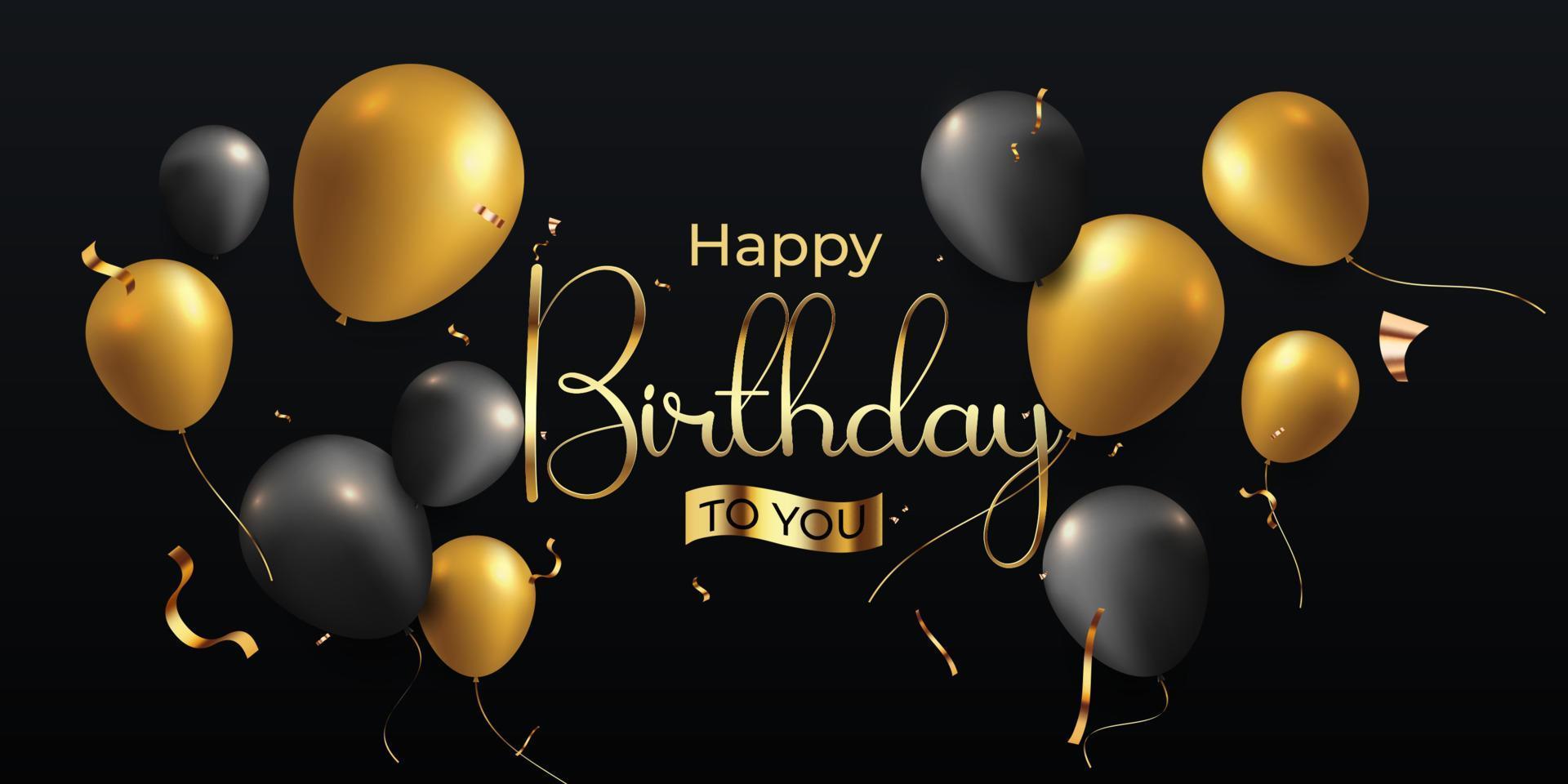Happy birthday black and gold background with realistic 3d floating balloons and ribbon vector