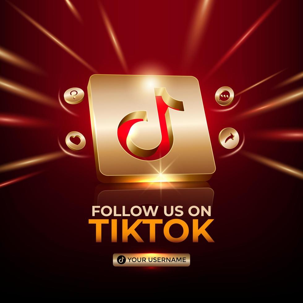 Tiktok square banner 3d gold icon for business page promotion social media post vector