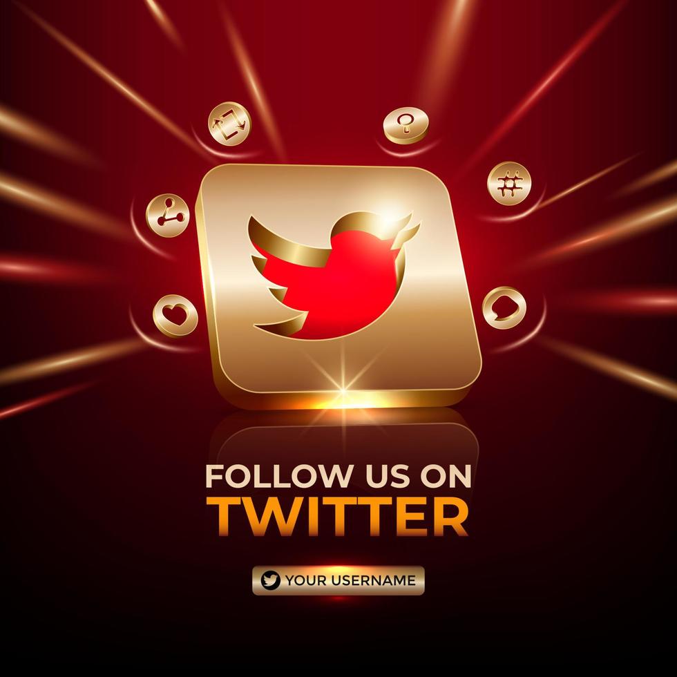 Twitter square banner 3d gold icon for business page promotion social media post vector