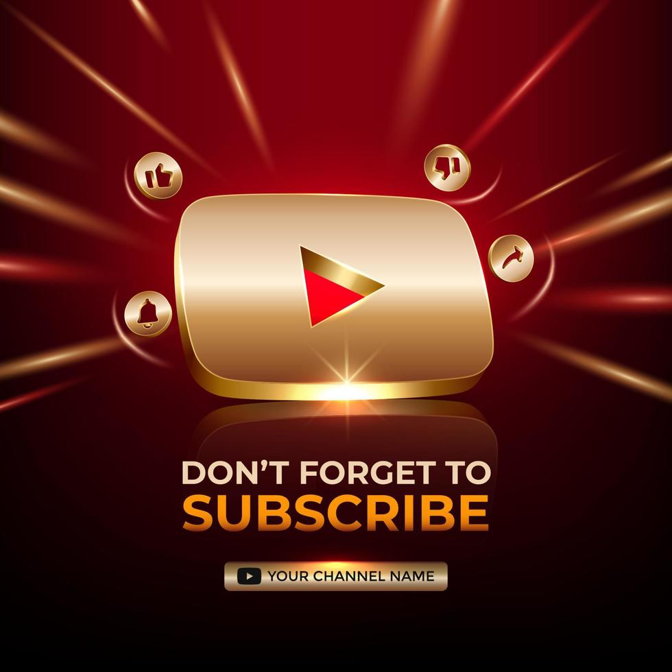 icono de oro 3d de banner cuadrado de youtube para promoción de página de negocios y publicación en redes sociales vector