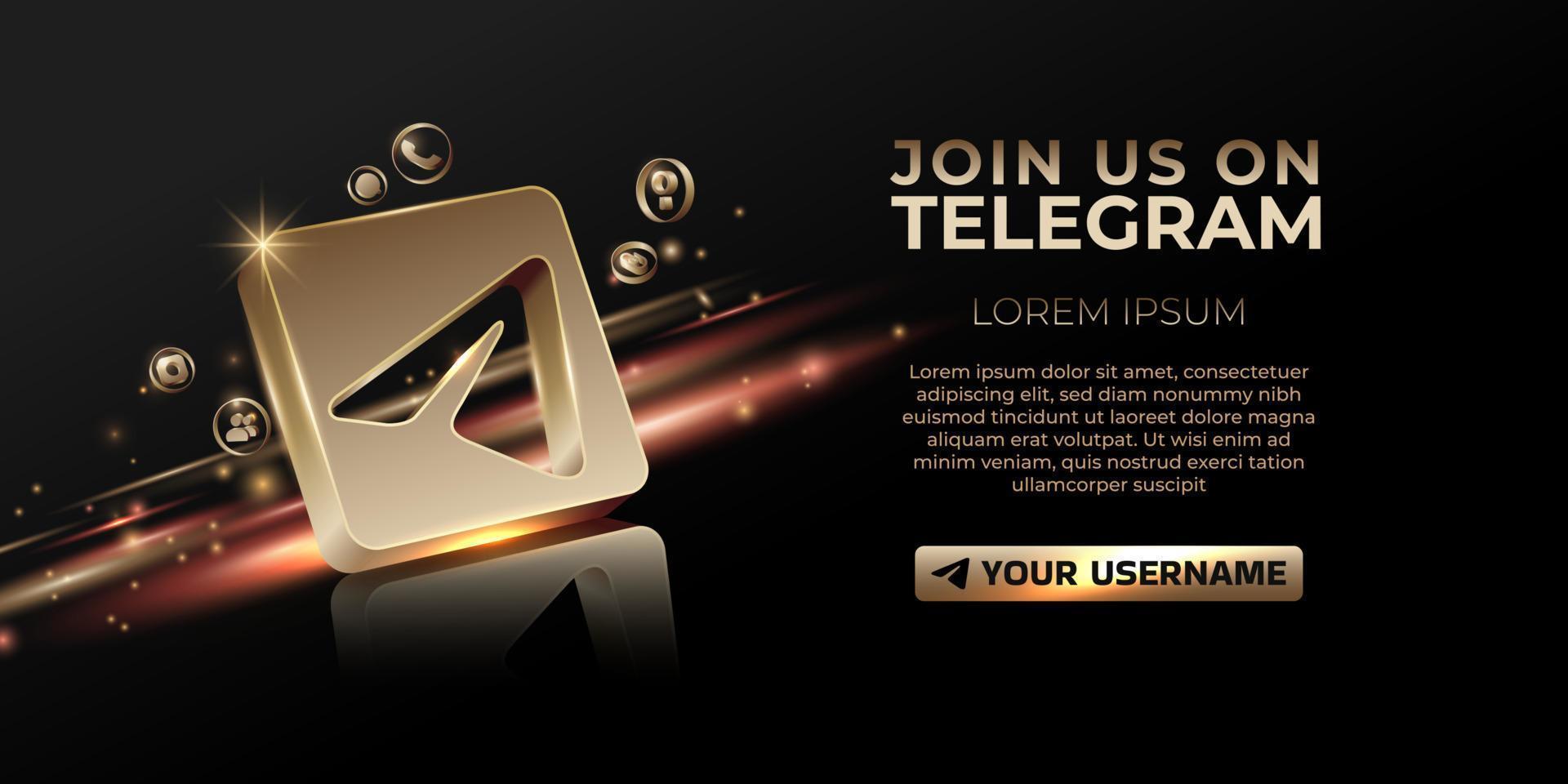 Telegram banner 3d gold icon for business page promotion and social media post vector