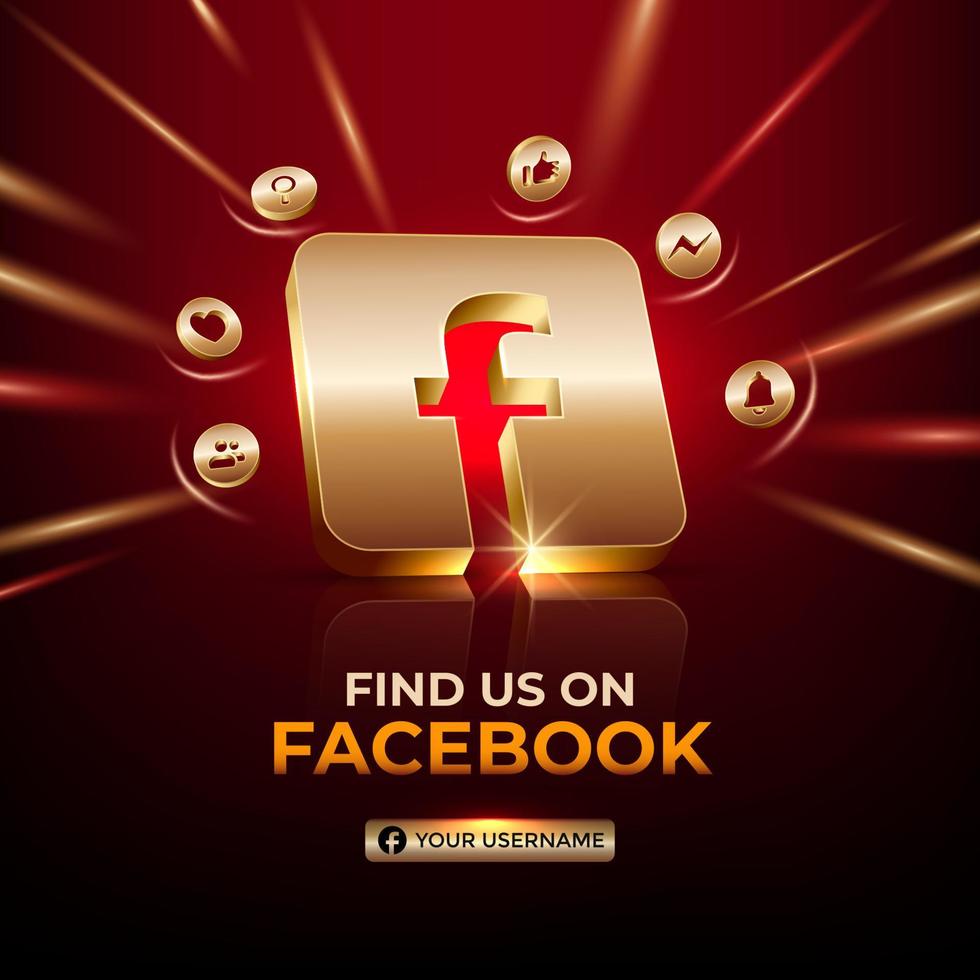 Facebook square banner 3d gold icon for business page promotion and social media post vector